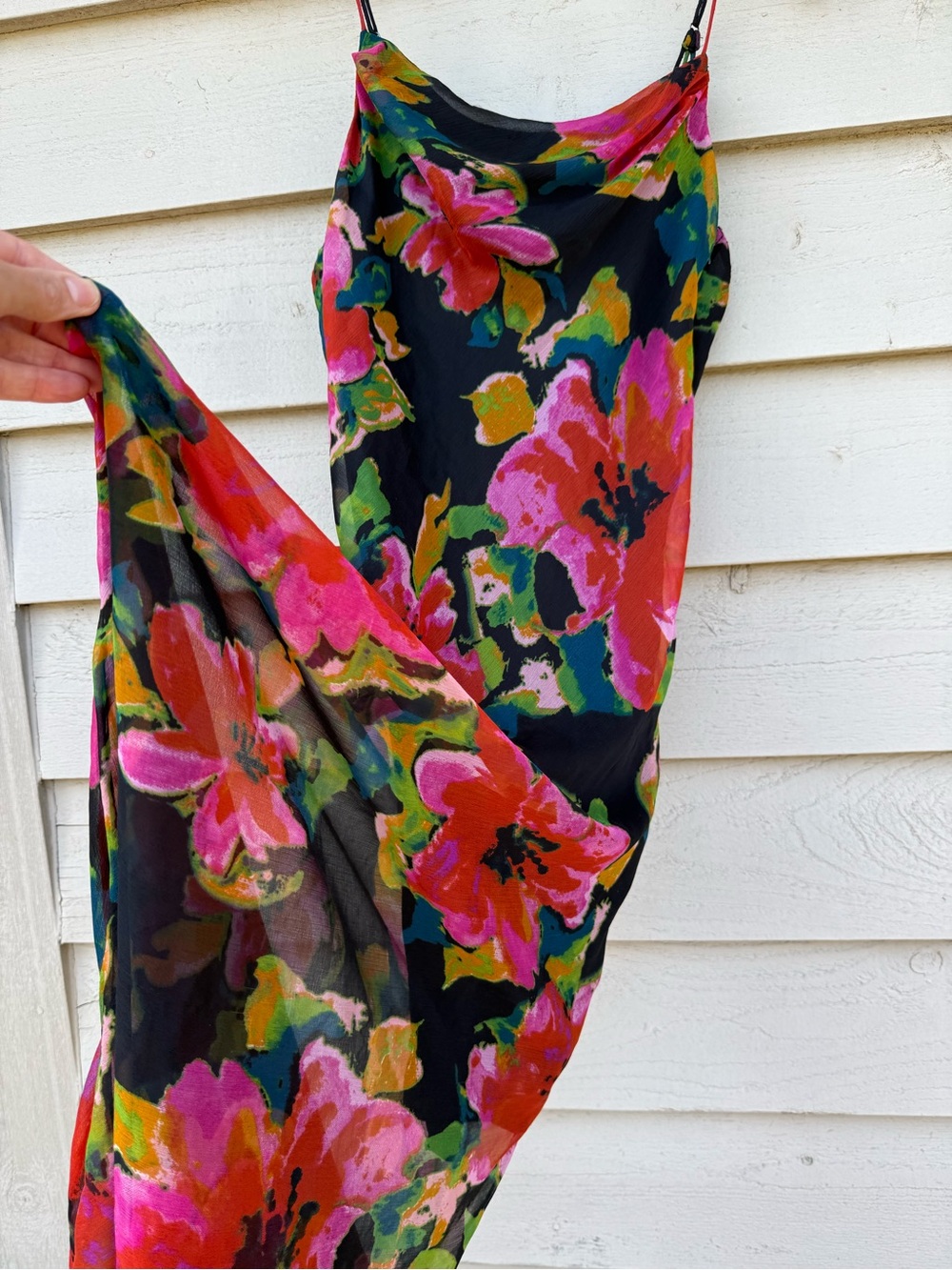 Urban Outfitters Black Maxi Slip Dress with Pink, Green Floral Print